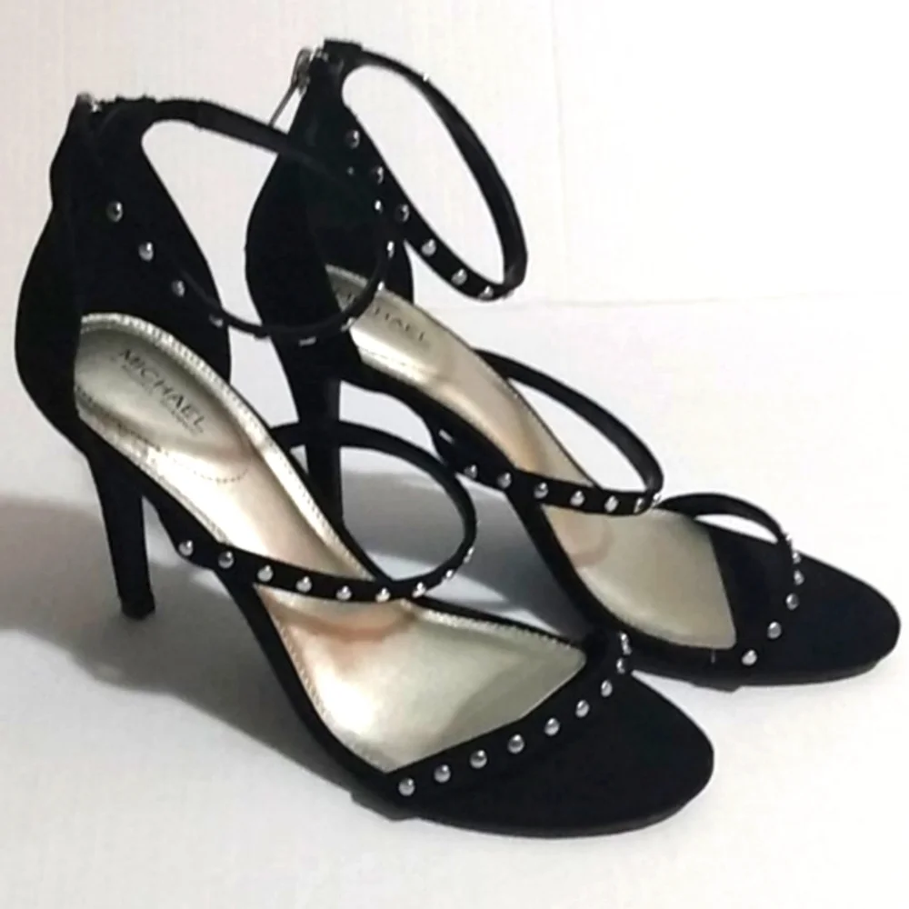 MICHAEL SHANNON BLACK SILVER STUDDED STRAPPY STILETTO SANDALS SIZE 9